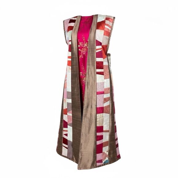 Sew Sister Handmade Silk Patchwork Sleeveless Reversible Duster Kimono Womens OS - Picture 1 of 5